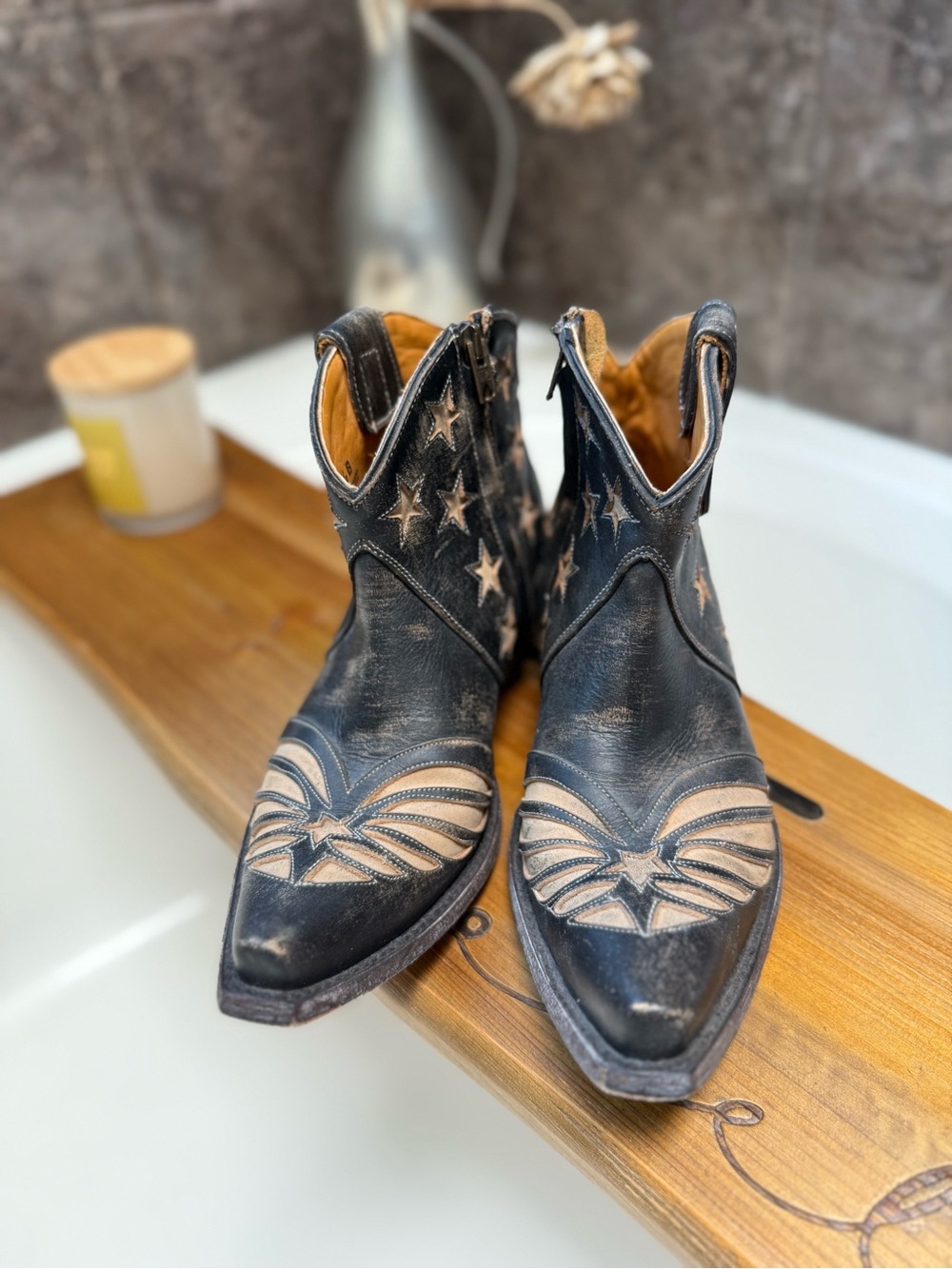 Old Gringo Black Star Wing Western Ankle Boots Size 7.5B Distressed Leather - Picture 10 of 14